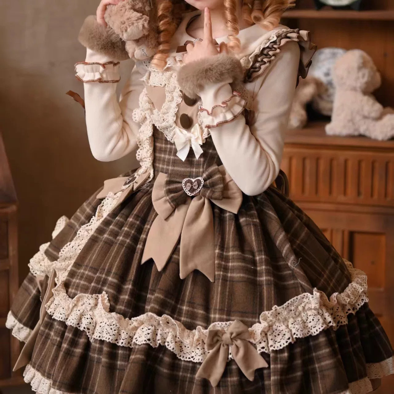 Choco Chestnut - Plaid Kawaii Lolita JSK Dress, Peter Pan Collar Cape - image 13