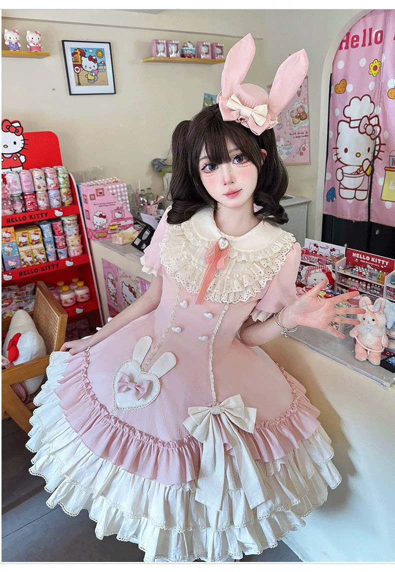Creamy Bud - Old School Lolita OP Dress, Bunny Ear Heart Accent - image 8