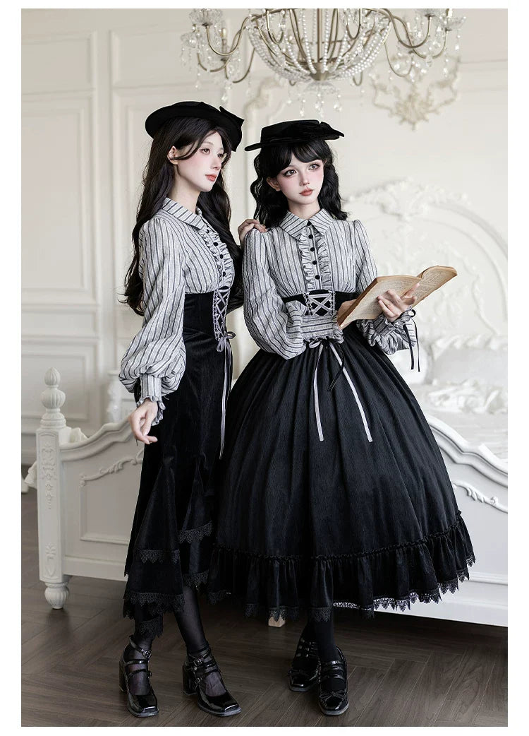 Dusk Moment - Classic Lolita Striped OP & Mermaid Dress Set, Fishbone Waist - image 14