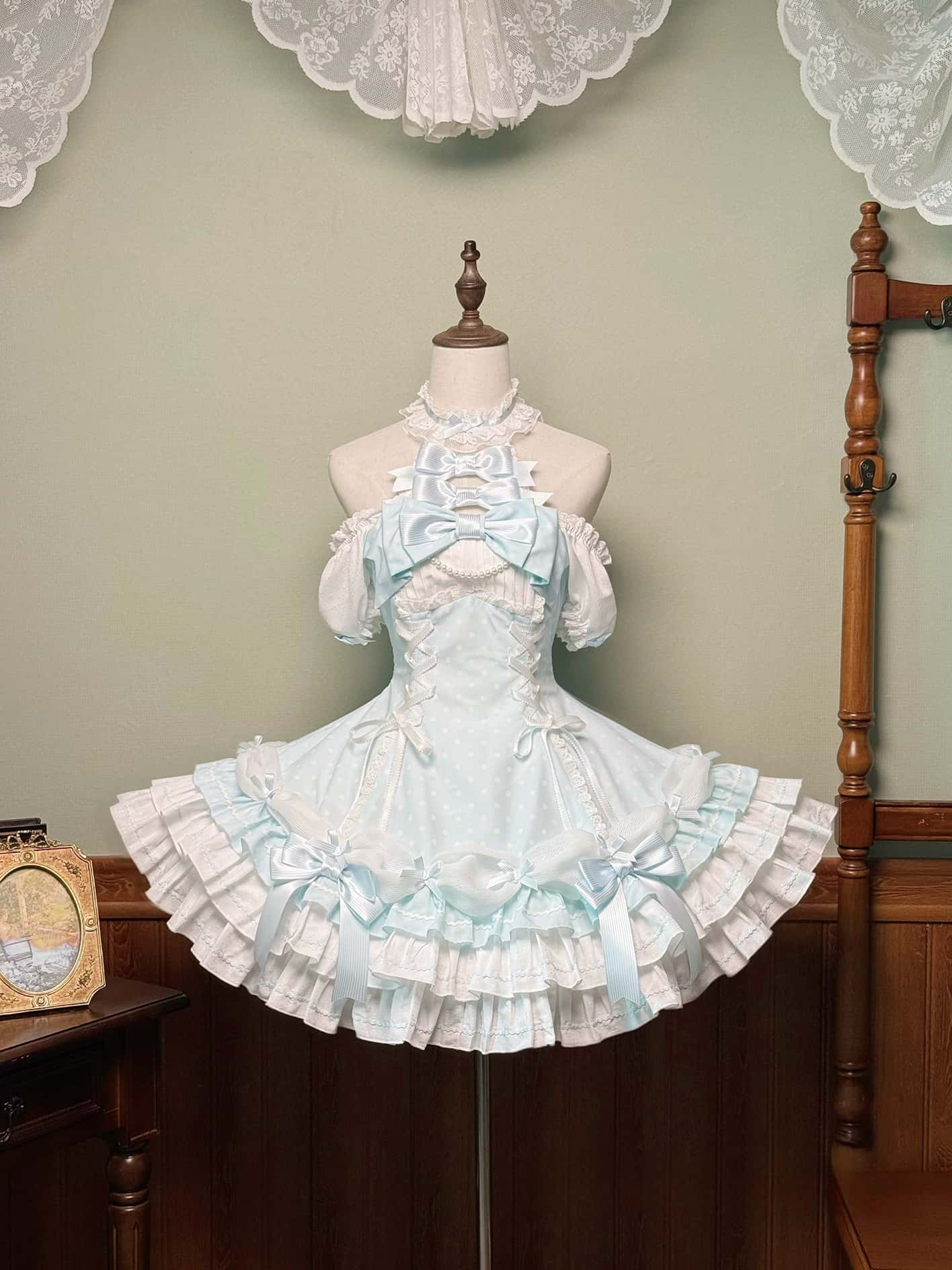 Vintage Polka Dot Lolita Halter Blue OP Dress and Accessories - image 2