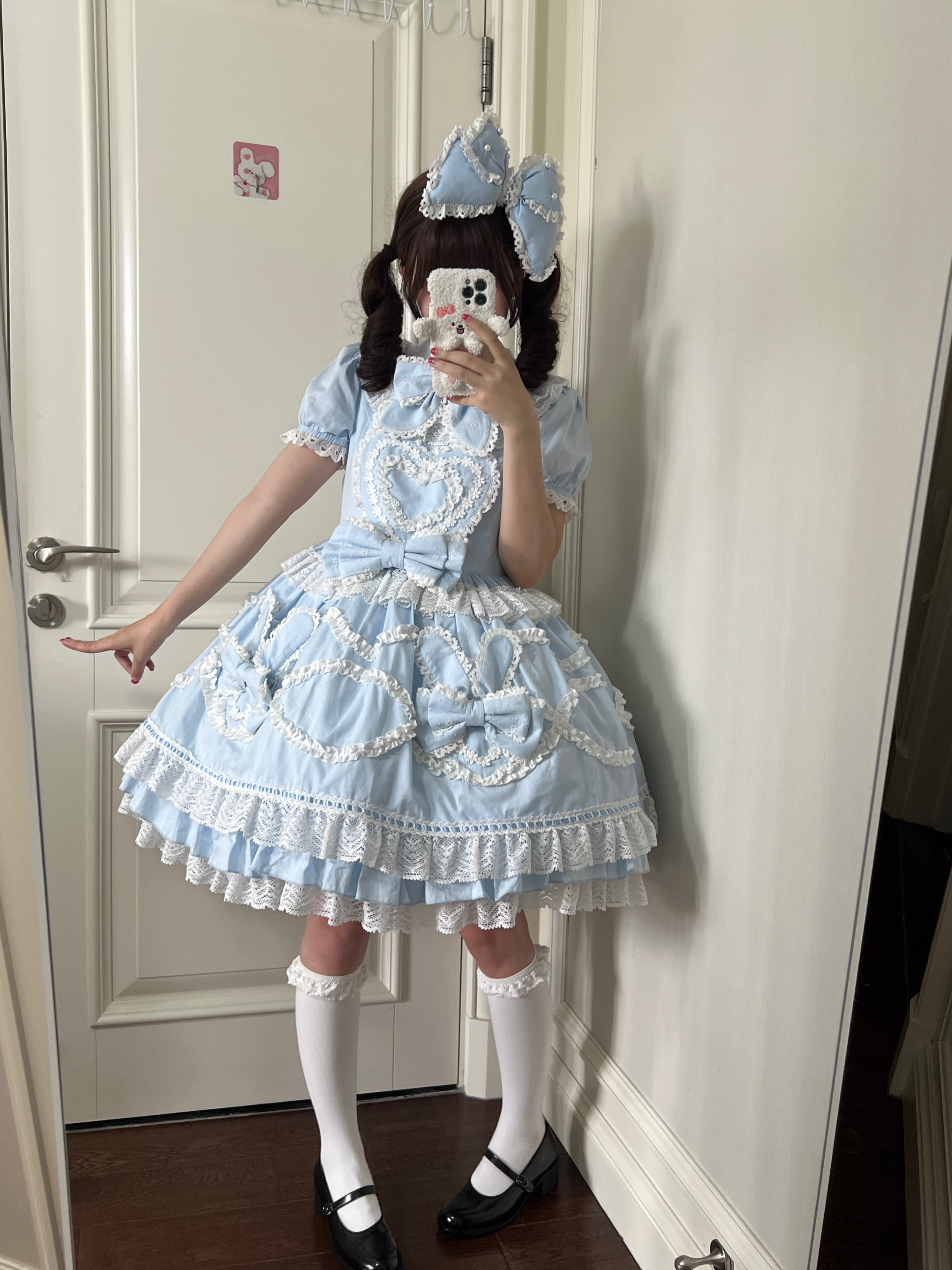 Creamy Sweet Bunny - Cotton Old School Lolita Bunny Ear OP Dress with Bows and Accessories - image 11