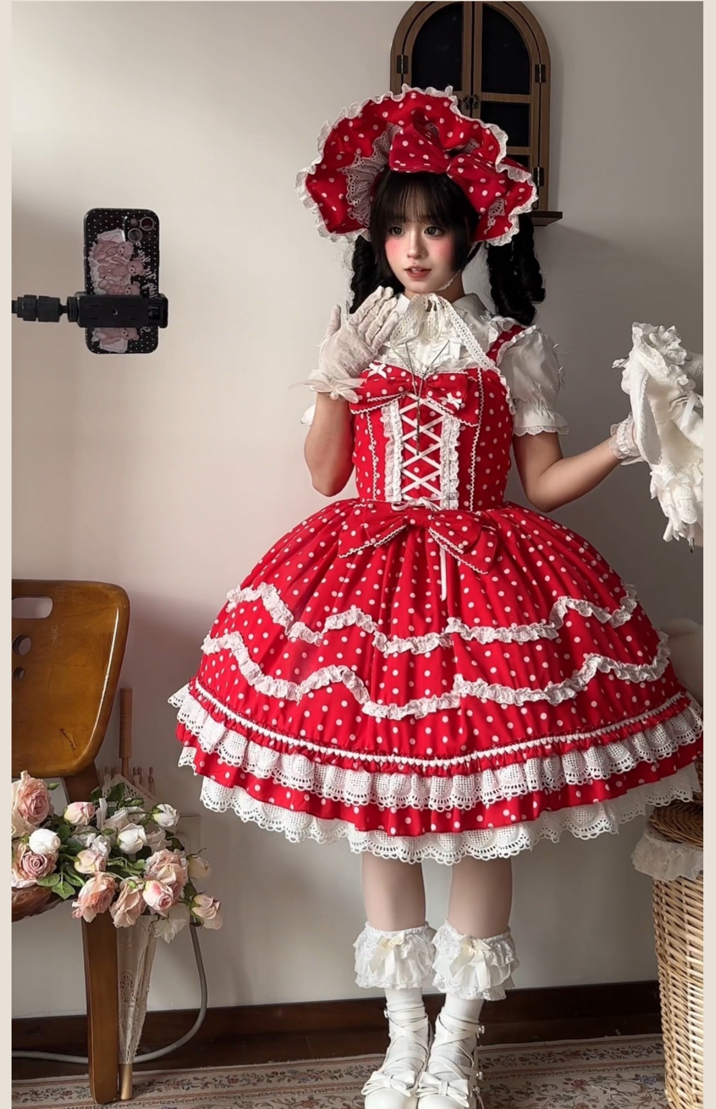 Polka Bailys - Old School Lolita JSK Suit, Red White Polka Dot Dress - image 8
