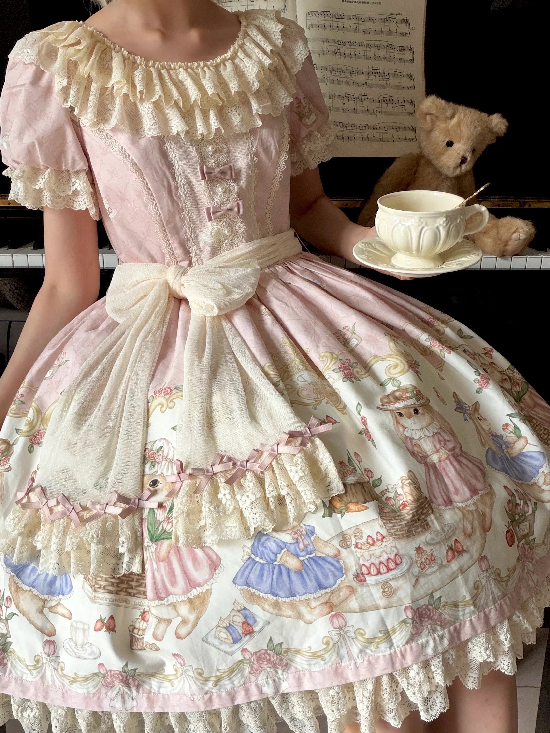 Picnic Bunny - Cotton Daily Doll-like Lolita OP Dress, Bunny Print and Accessories - image 11