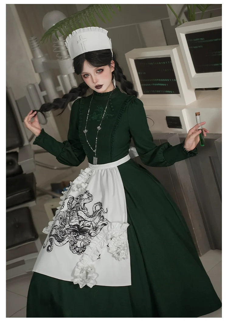 Abyss Clinic - Gothic Lolita Green Dress Set, Embroidery Accent - image 23