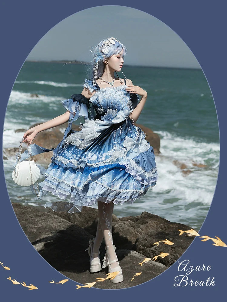 Blue Breath Jellyfish - Classic Lolita JSK Dress, Side Zipper - image 31