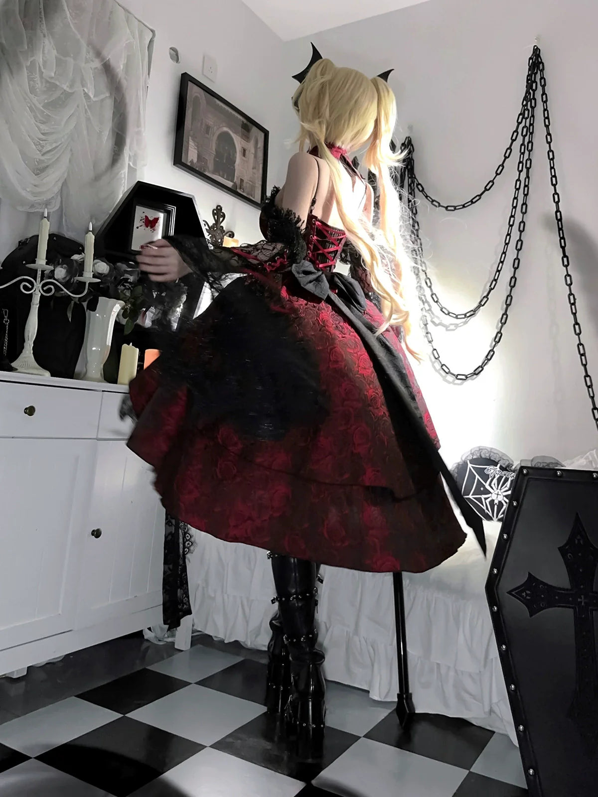 Rose Blood - Black Red Gothic Lolita JSK Jacquard Court Dress - image 14