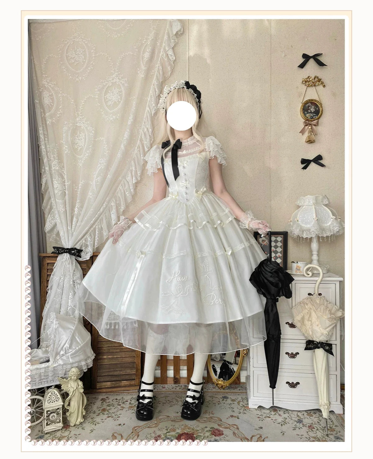 White Bird Love Letter - Classic Lolita Jacquard OP Dress, Embroidered Tulle Hem and Accessories - image 5