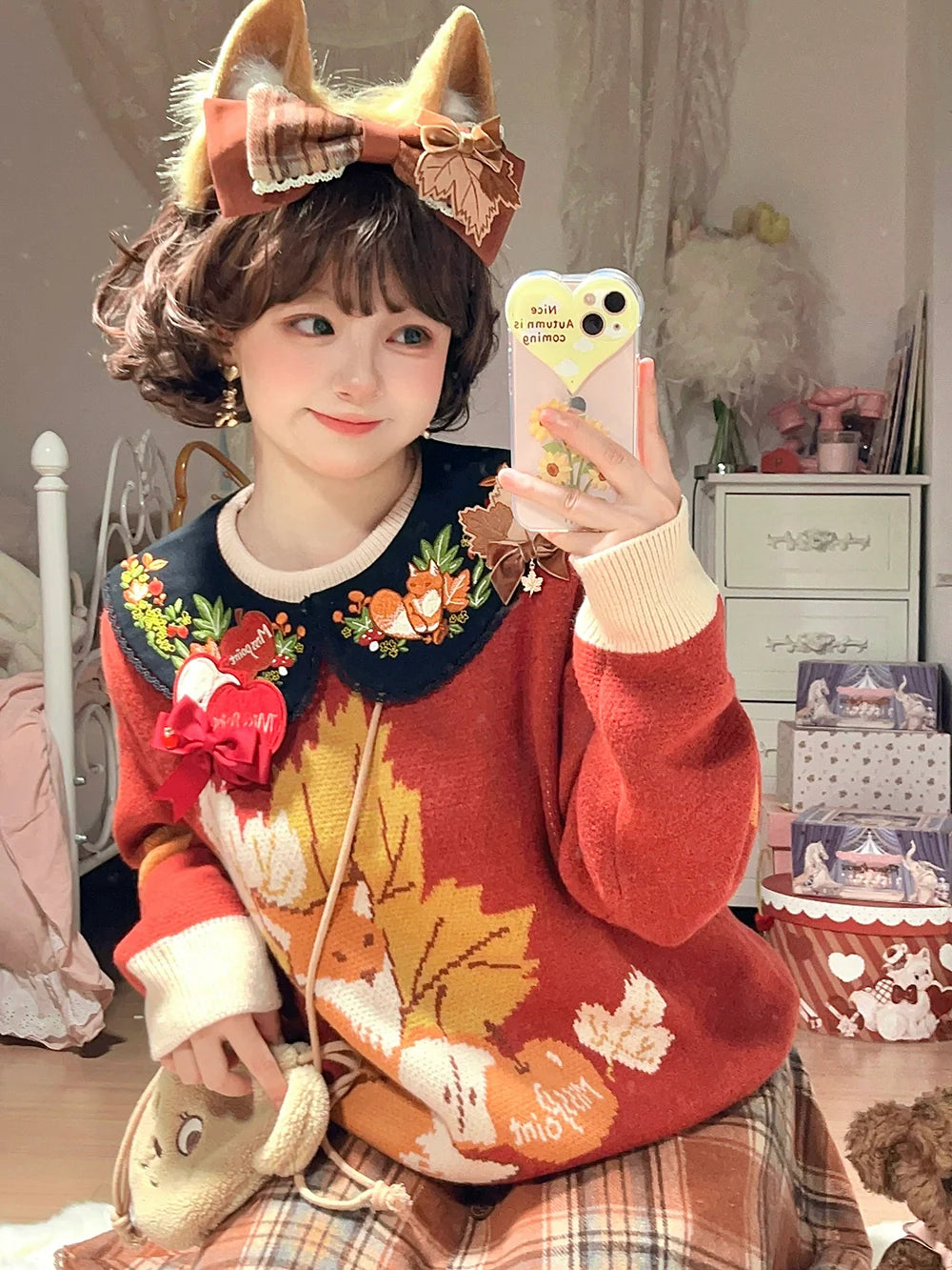 Chubby Fox in the Forest - Kawaii Lolita Accessories Knitted Fox Scarf Embroidered Faux Collar - image 8