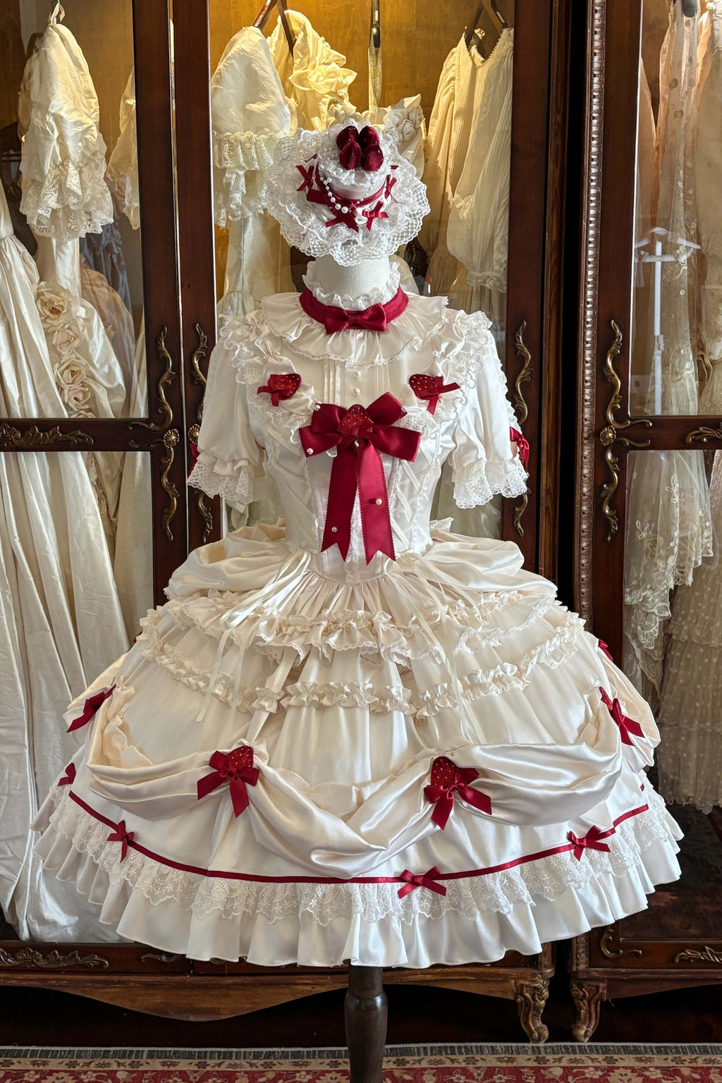 Paria Cream Strawberry Satin Lolita OP Dress and Accessories - image 1