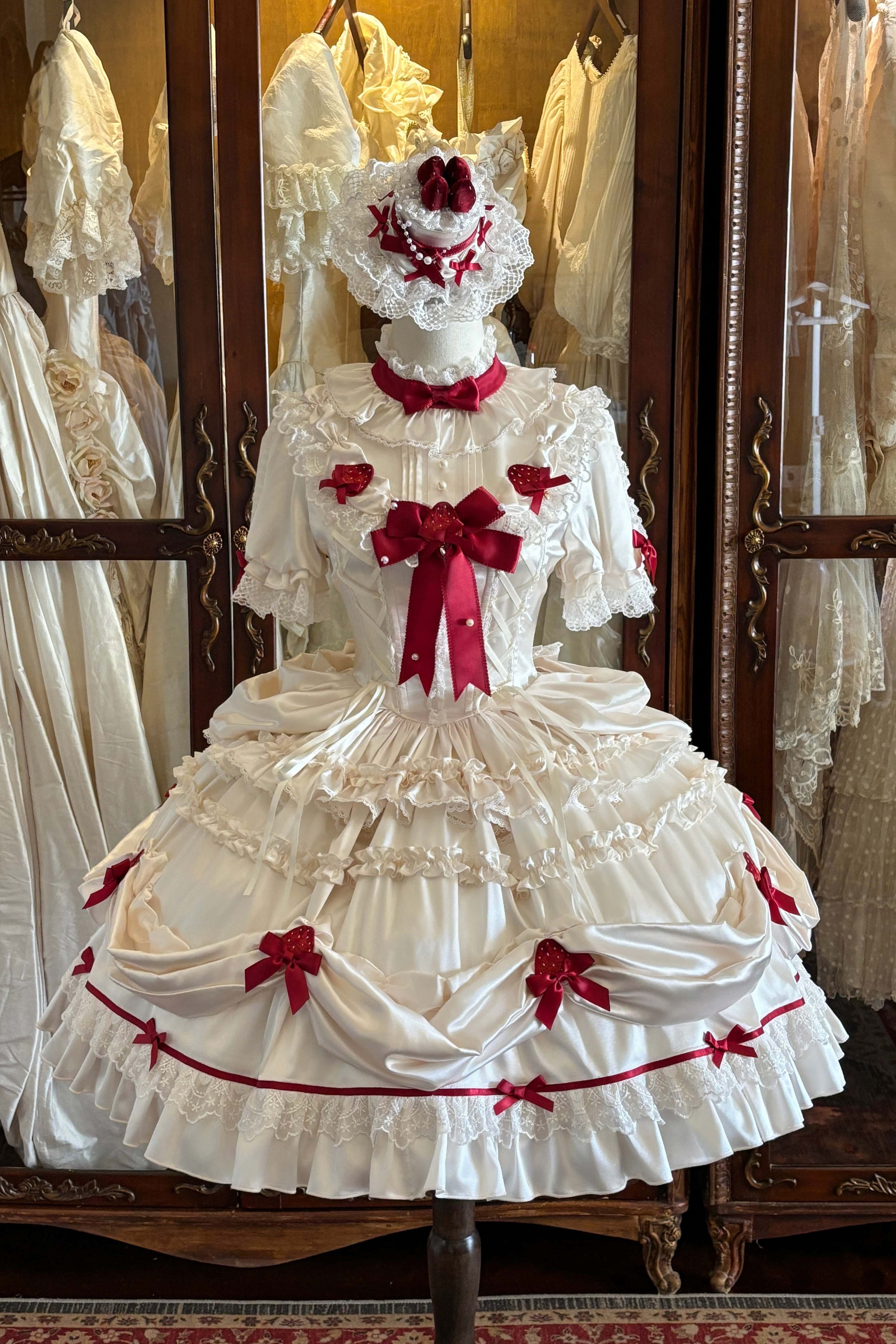 Paria Cream Strawberry Satin Lolita OP Dress and Accessories - image 1
