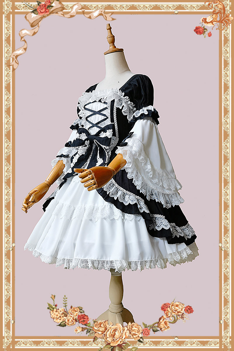 Doll-like Old-School Lolita OP Dress, Patchwork Sleeve and Accessories - image 2