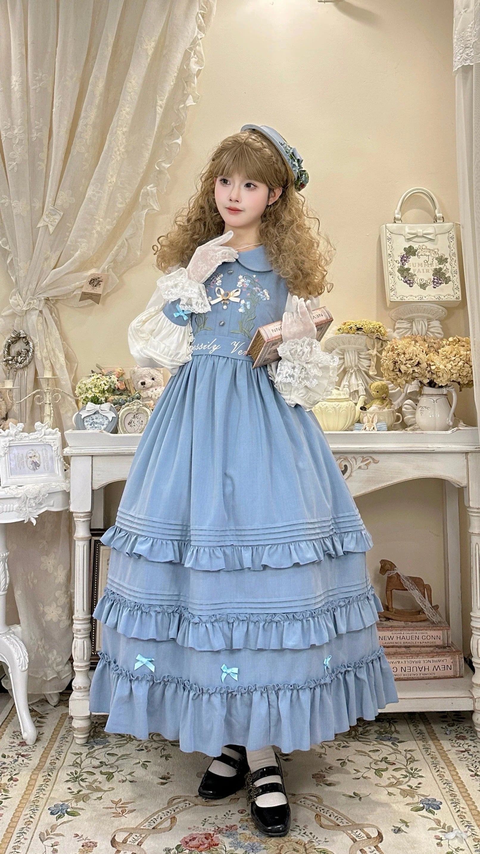 Verdant Name - High-waisted Classic Lolita Dress, Embroidered Bellflower - image 3