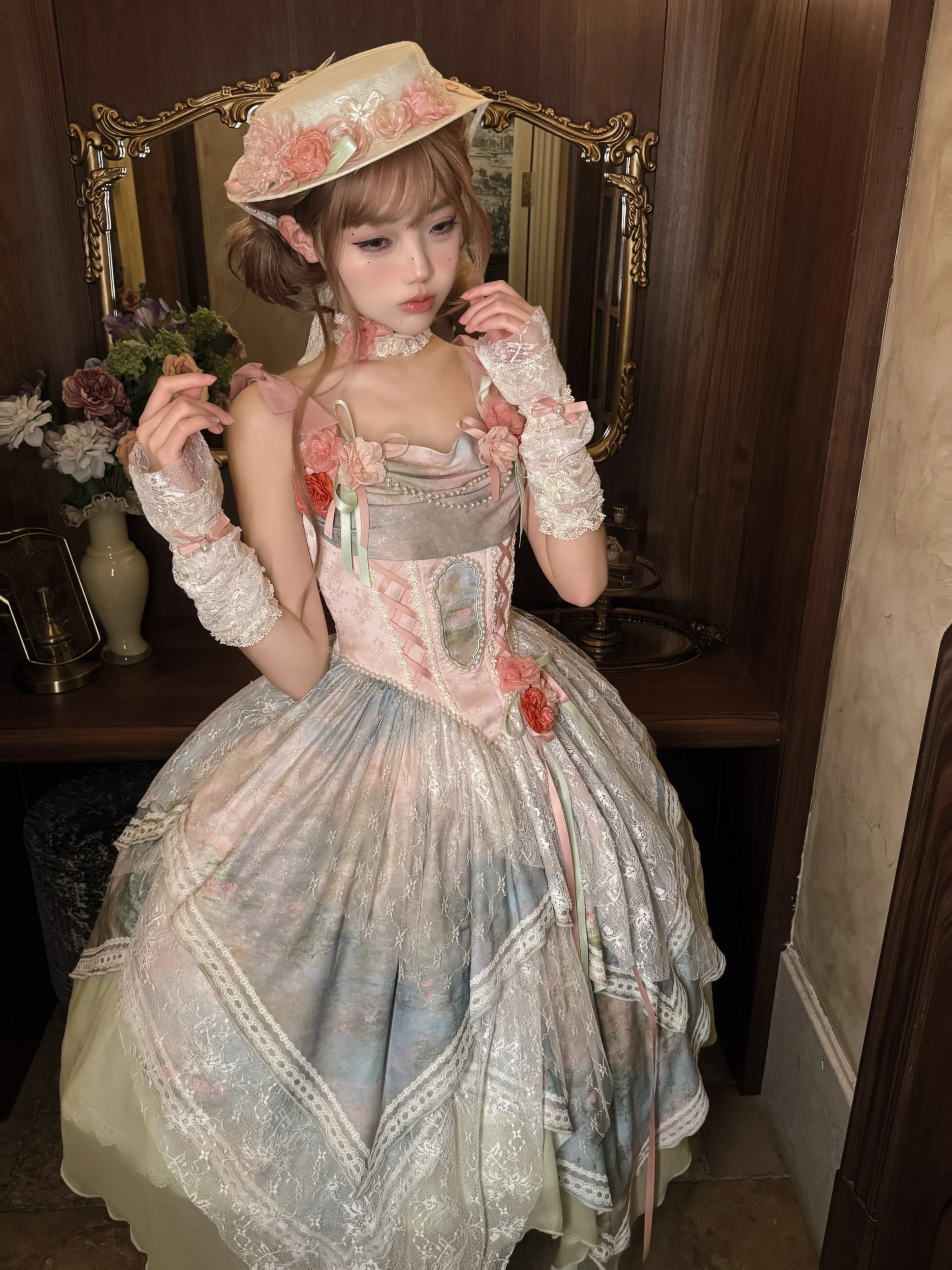 Flower Field Oil Painting Pastoral Irregular Lolita JSK Dress and Accessories - image 2