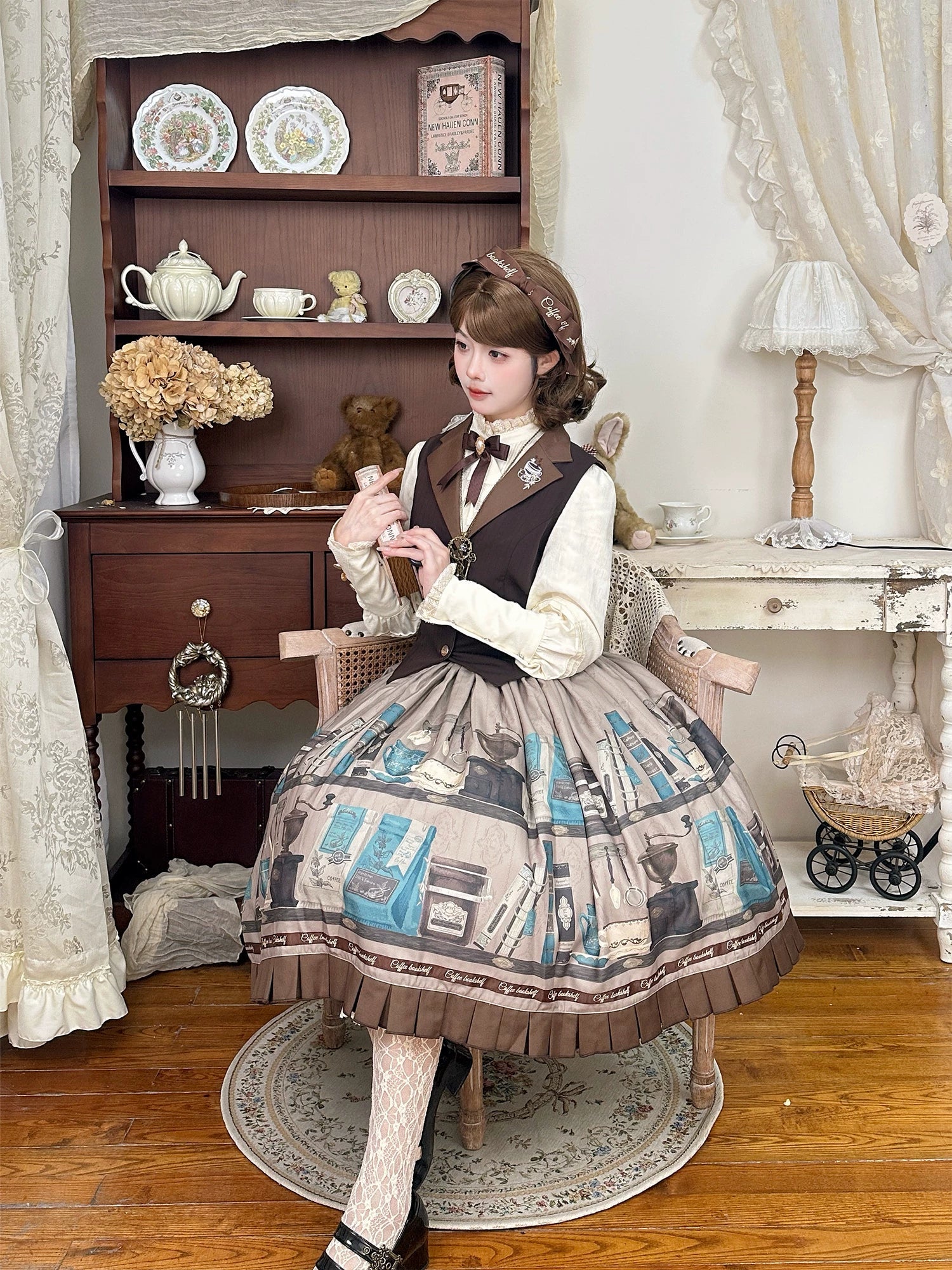 Coffee Bookshelf - Classic Lolita JSK and SK Set, Coffee Cup and Book Print - image 5
