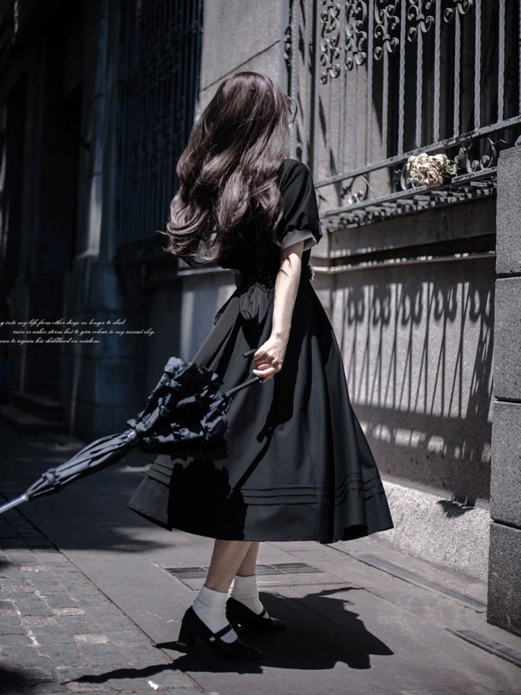 Thoughts - Vintage Black Lolita OP Dress with Square Neckline - image 14