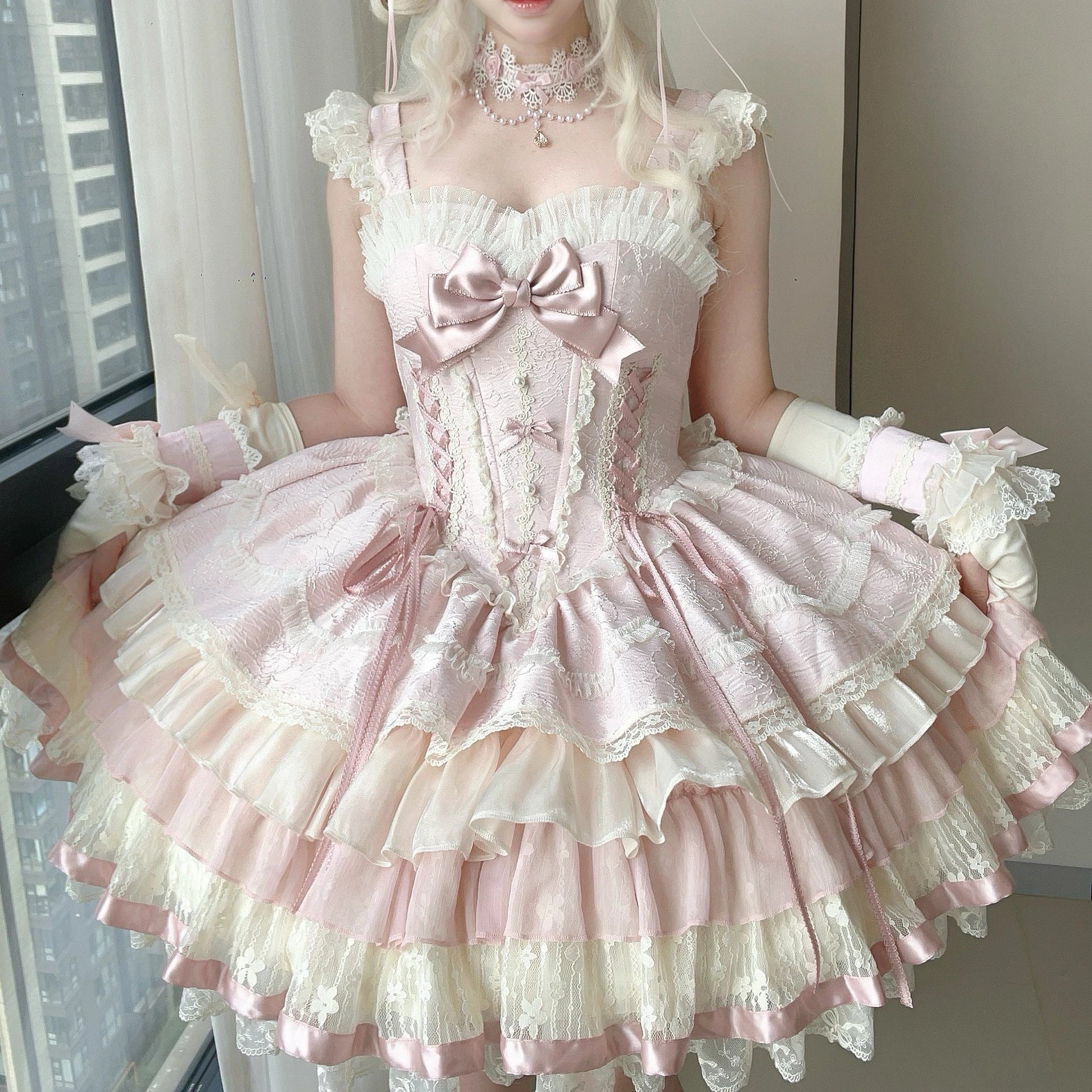 Lotus Crossing - Sweet Lolita Tiered Hem JSK Dress with Satin Bow and Accessories - image 12
