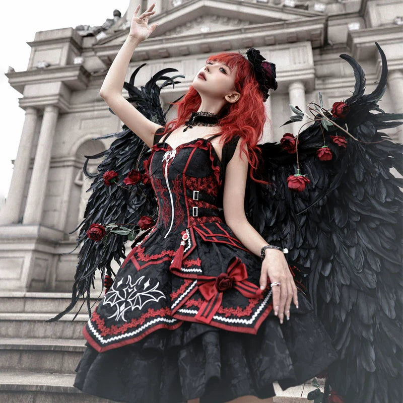 Dark Bat Motion - Gothic Lolita JSK Black Red Goth JSK Dress - image 2