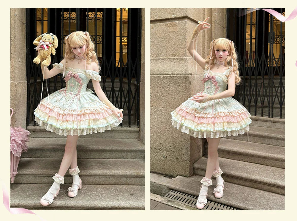 Lotus Crossing - Sweet Lolita Tiered Hem JSK Dress with Satin Bow and Accessories - image 22