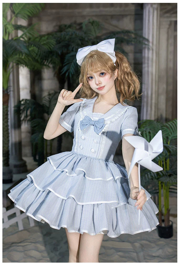 Seven-Day Bell - Blue Classic Lolita Striped OP Dress, Sailor Collar - image 23