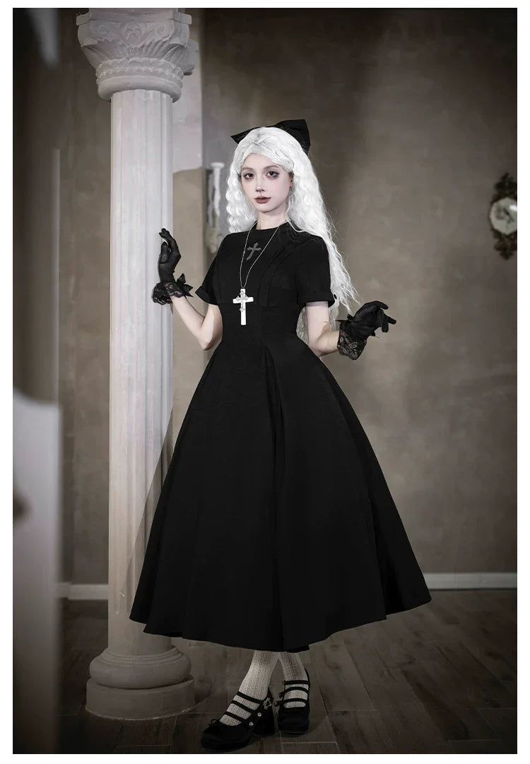 Nihil - Gothic Nun Lolita OP Dress, Irregular Hem Cape and Accessories - image 36