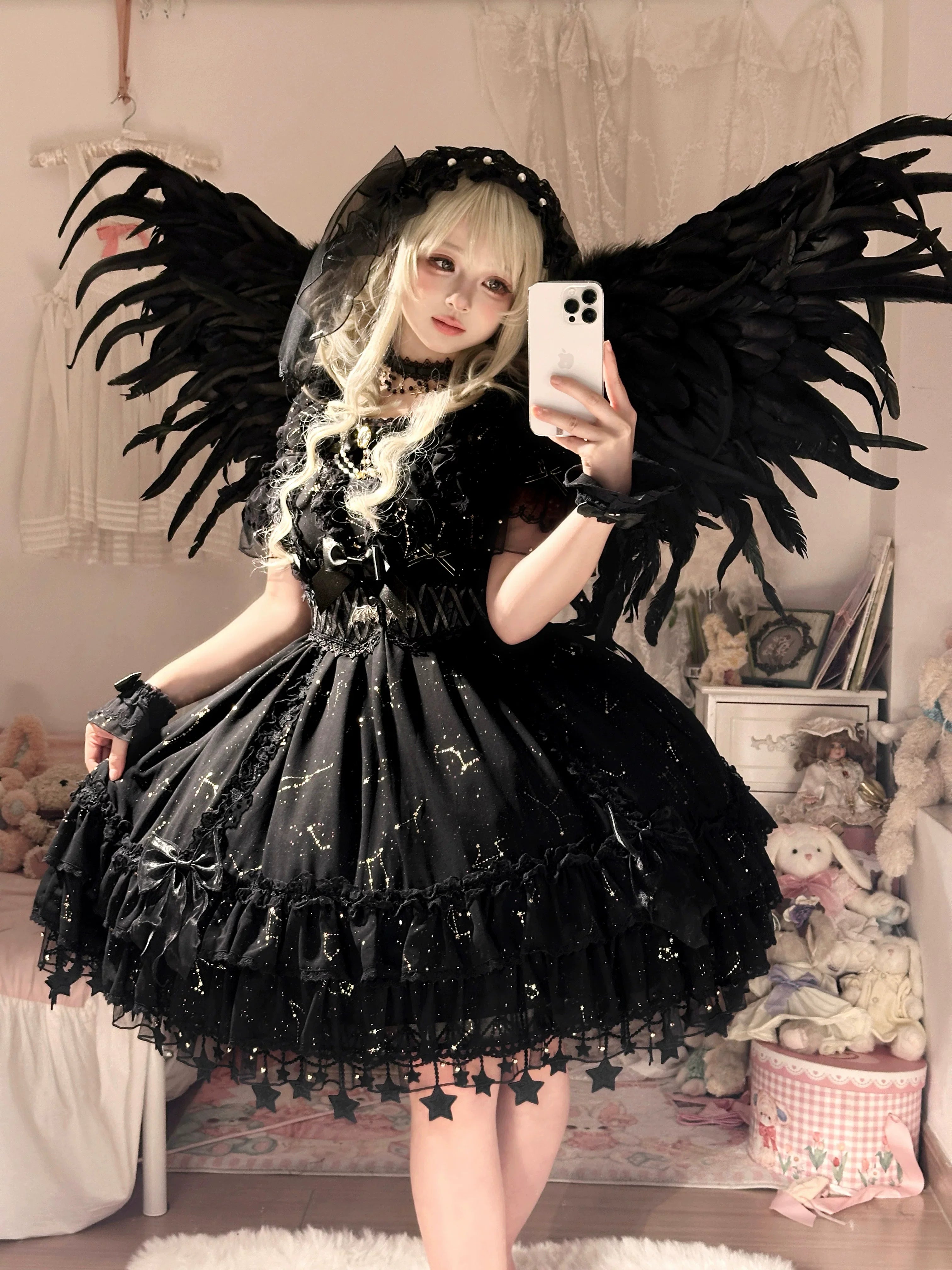 Whisper of Stars - Vintage Lolita Black OP Dress, Constellation-Themed - image 5