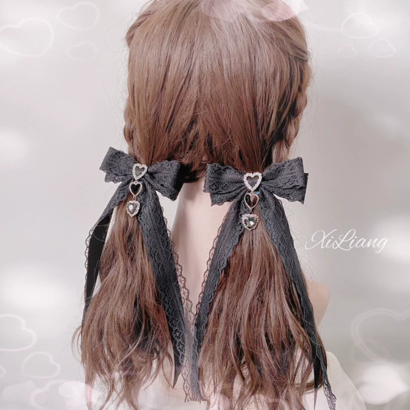 Black Lace Bow Rhinestone Lolita Hair Clip and Brooch - image 1