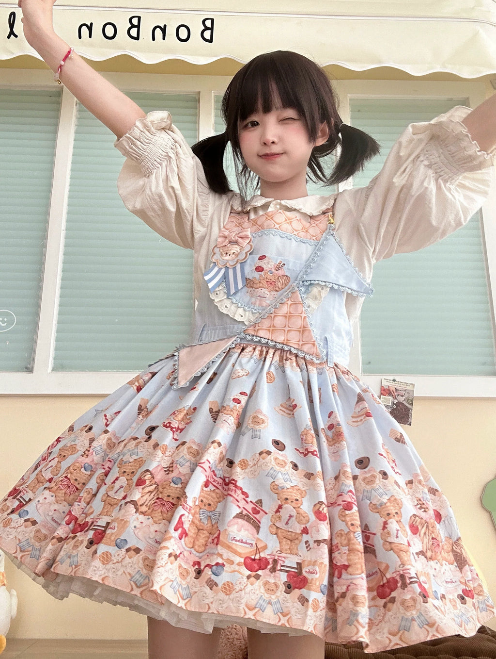 Little Bear Bonny - Kawaii Lolita Salopette, Bear & Dessert Print - image 10