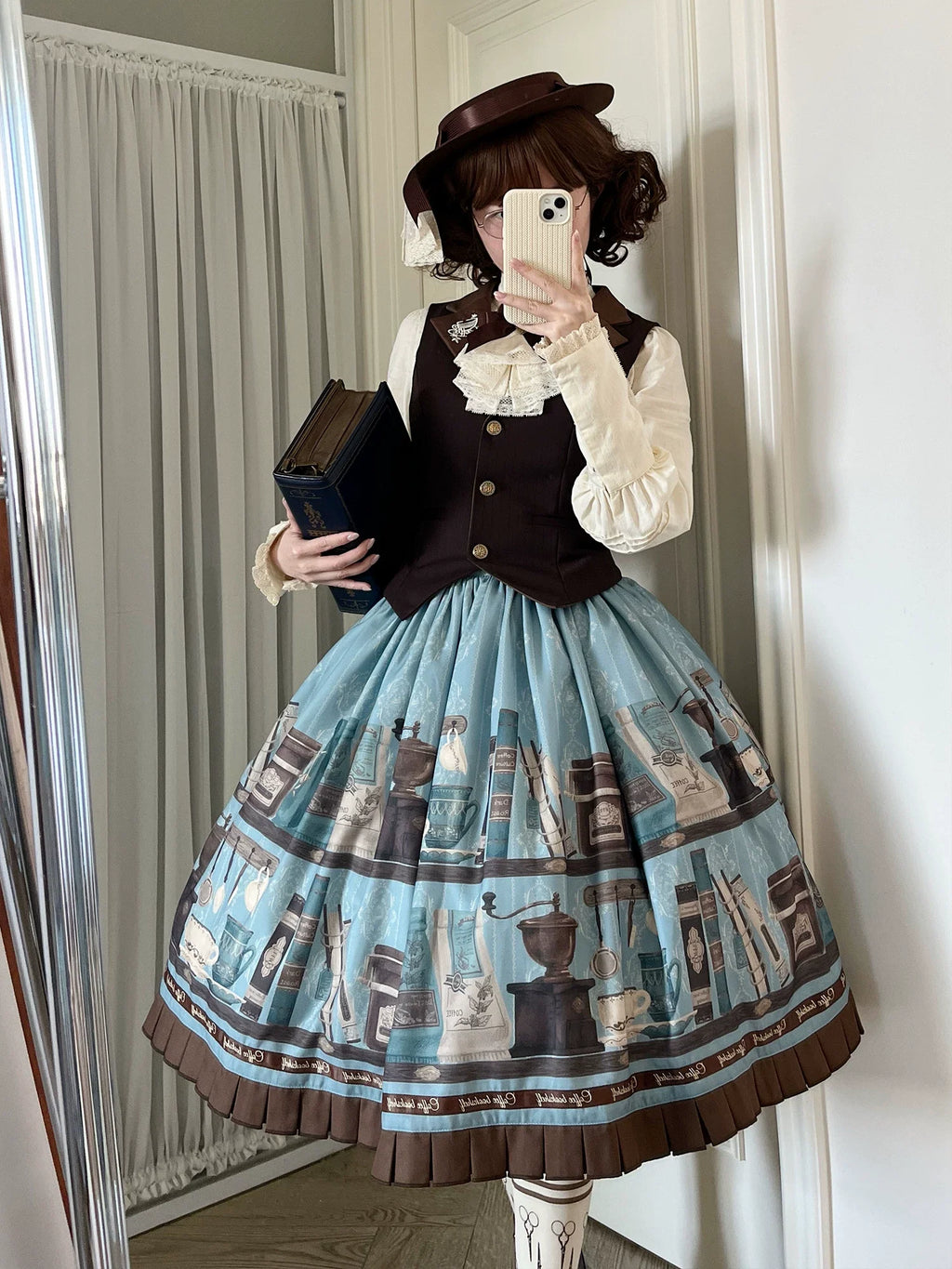 Coffee Bookshelf - Classic Lolita JSK and SK Set, Coffee Cup and Book Print - image 6