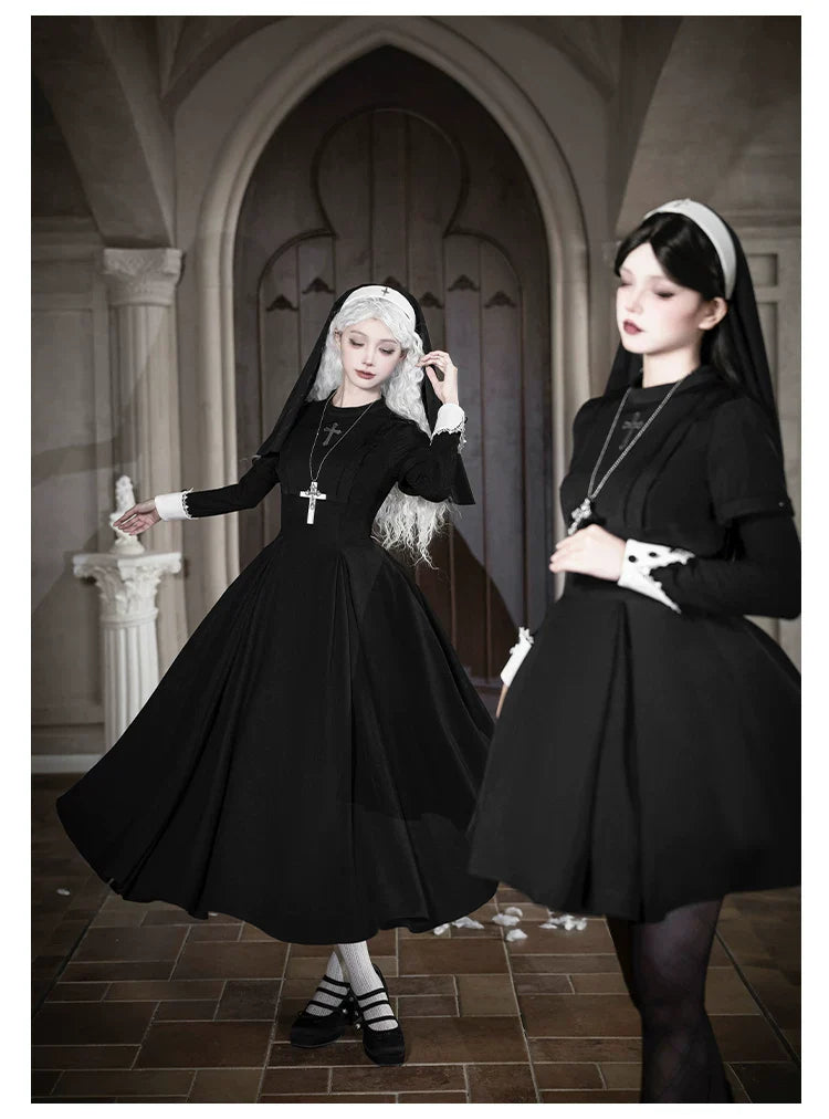 Nihil - Gothic Nun Lolita OP Dress, Irregular Hem Cape and Accessories - image 14