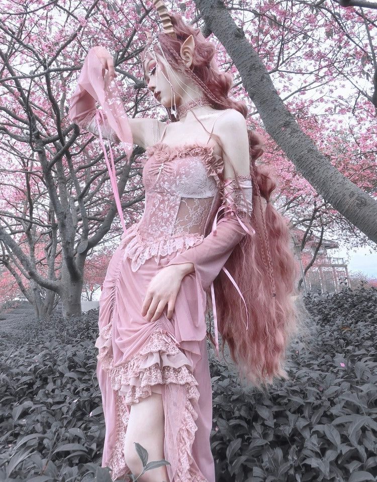 Sakura Nightmare - Pink Gothic Velvet Drawstring Dress - image 2