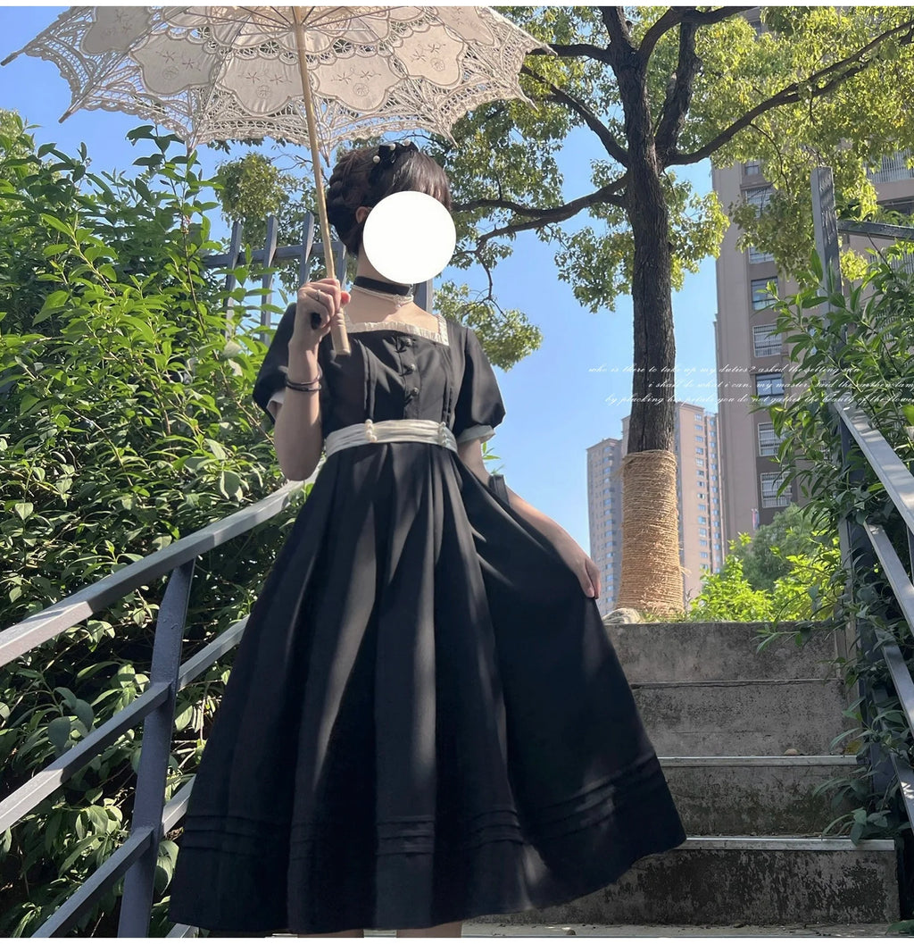 Thoughts - Vintage Black Lolita OP Dress with Square Neckline - image 27