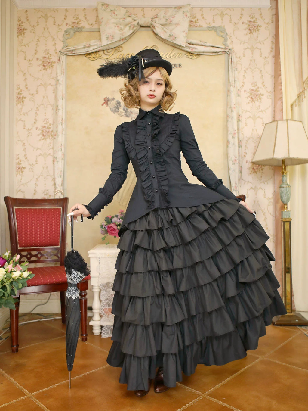 Gothic Tailed-Hem Blouse and Multi-Layer Lolita Skirt Set - image 1