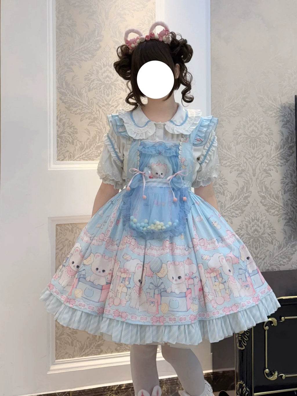 Meow Pompom - Sweet Lolita Salopette Dress Suit, Cat Print - image 14