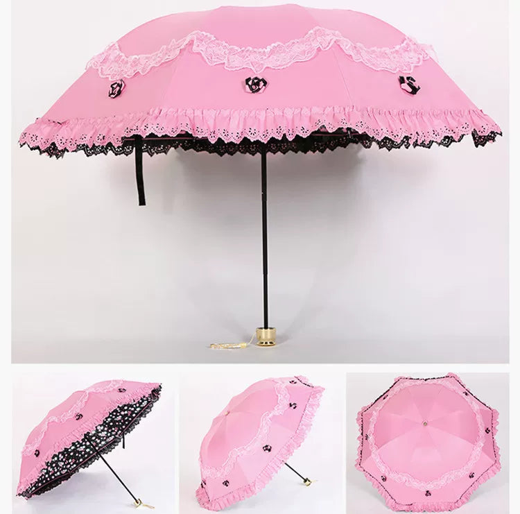 Foldable Lolita Parasol, Floral and Embroidery Detail - image 16