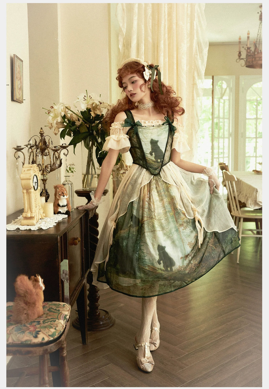 Cyan - Morning of Pine Forest - Elegant Lolita Bear Print Skirt - image 12