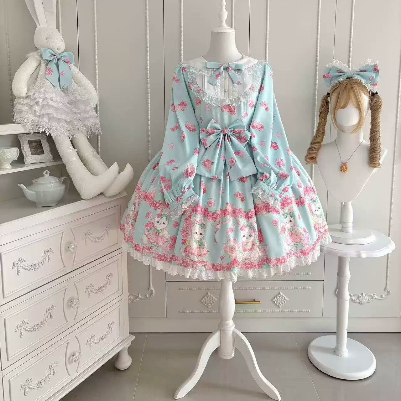 Sakura Bunny - Kawaii Lolita Sakura Print OP Dress, Side Pockets - image 2