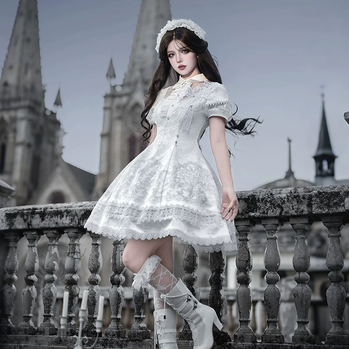 White Classic Lolita Printed OP Dress with Cross - image 16