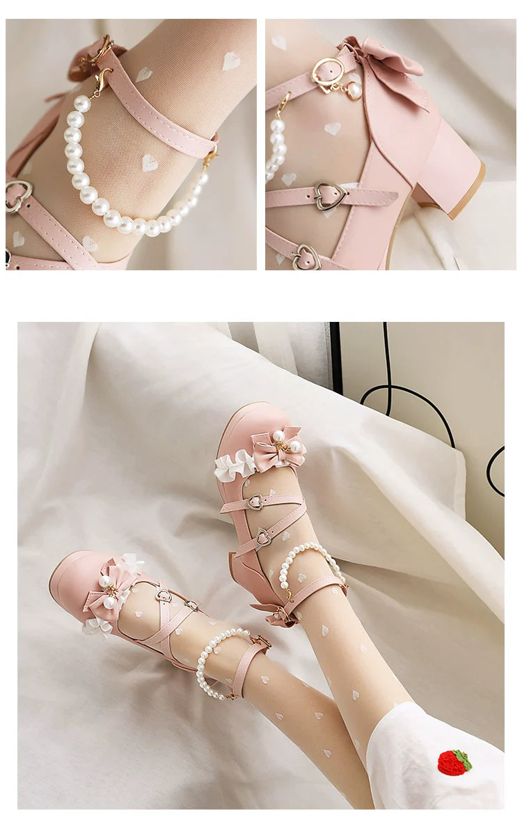 Round Toe Sweet Lolita Shoes, Detachable Pearl Chain - image 14