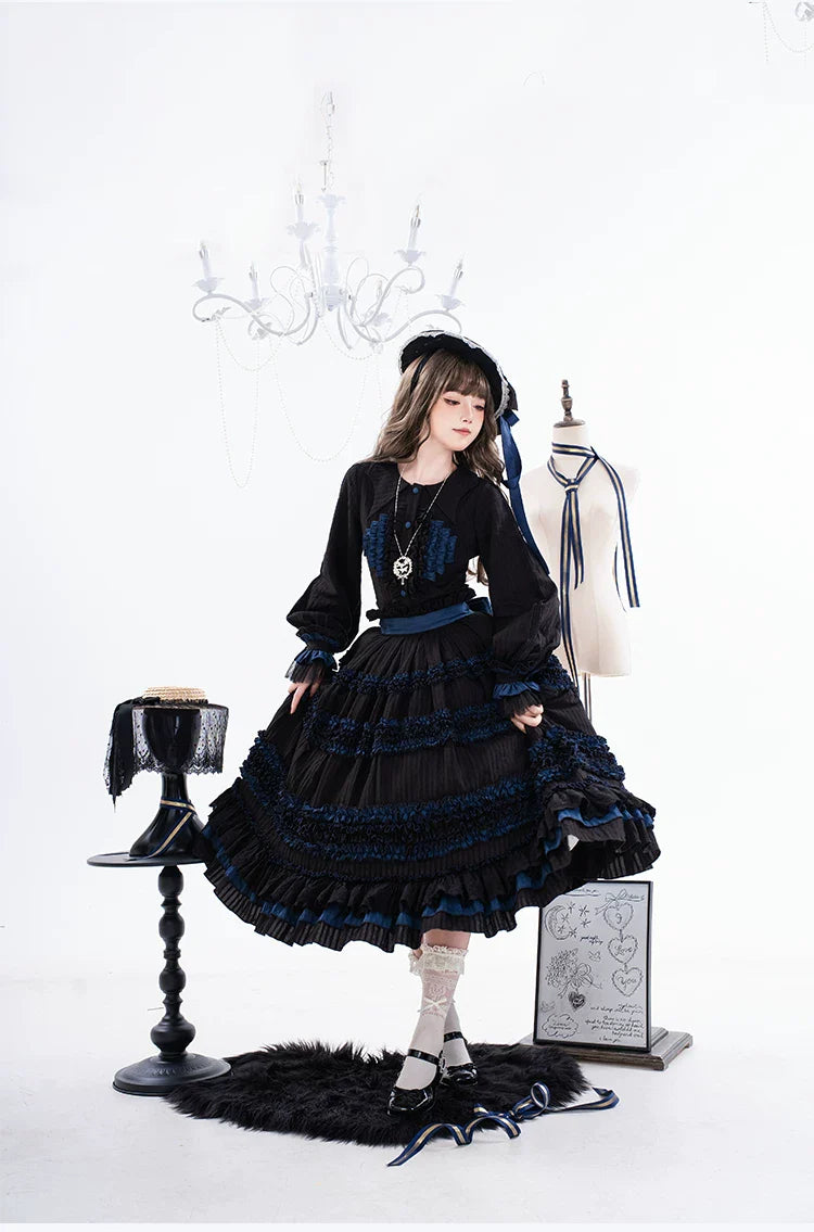 Wings and Bouquet - Dark Classic Lolita Blouse and SK Set, Layered Blue Ruffles - image 20