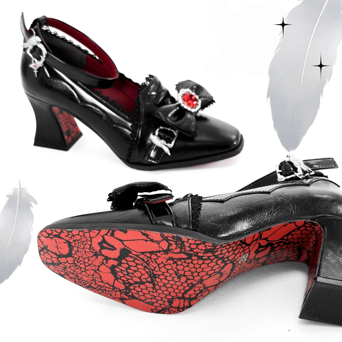 Night Banquet - Gothic Lolita Square-Toe Shoes with Ruby Bow - image 5