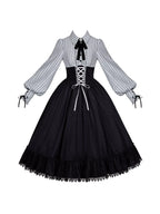 Dusk Moment - Classic Lolita Striped OP & Mermaid Dress Set, Fishbone Waist - image 30
