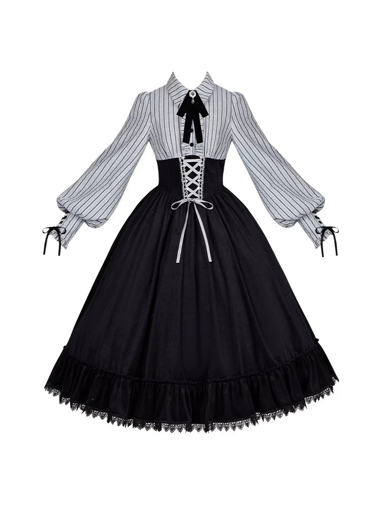 Dusk Moment - Classic Lolita Striped OP & Mermaid Dress Set, Fishbone Waist - image 30