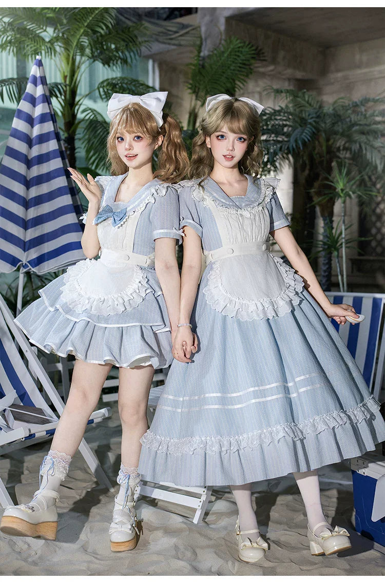 Seven-Day Bell - Blue Classic Lolita Striped OP Dress, Sailor Collar - image 10
