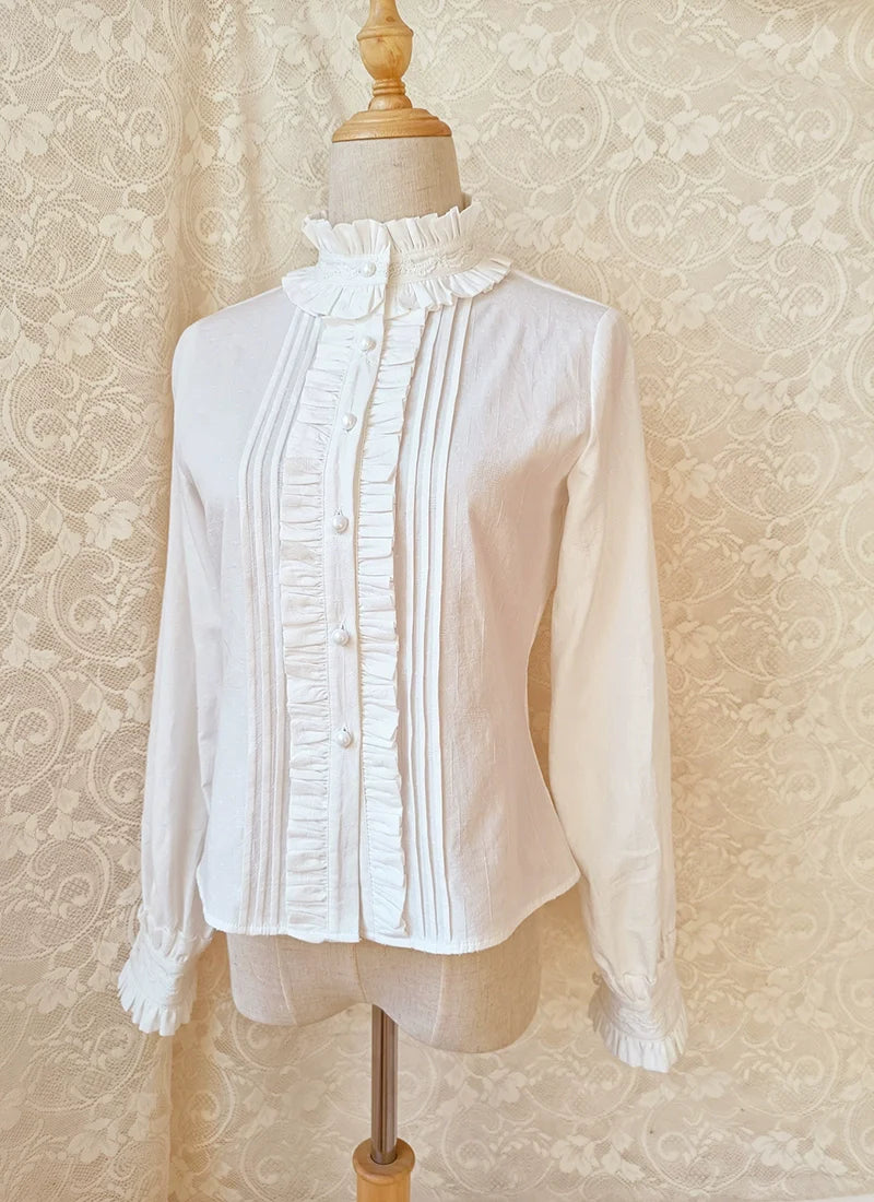 Winter Cotton Lolita Blouse White Long Sleeve Stand Collar Shirt - image 3