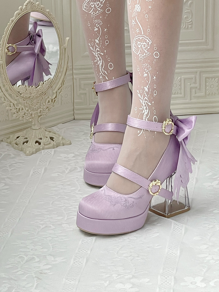 Floating Koi Land - Satin Classic Lolita Platform Shoes with Transparent Heel - image 6