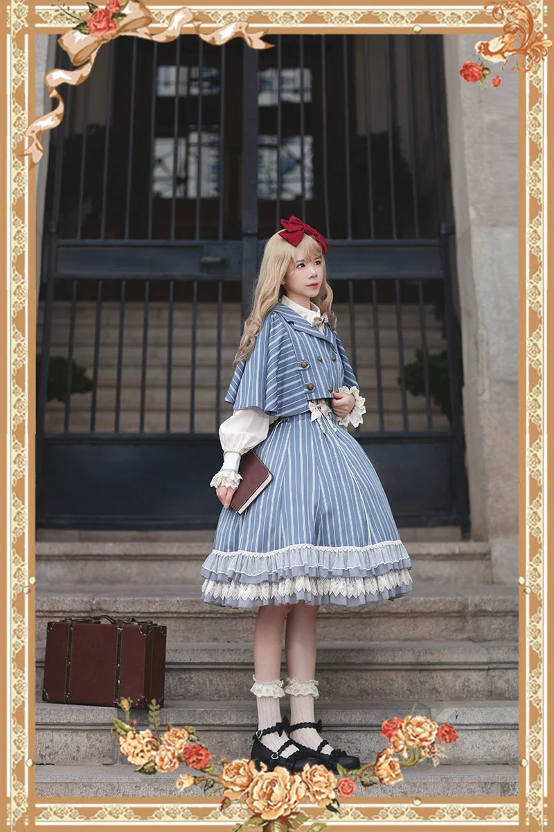 Elegant Lolita Stripe High-waist Jumper Dress Set and Cape - image 18