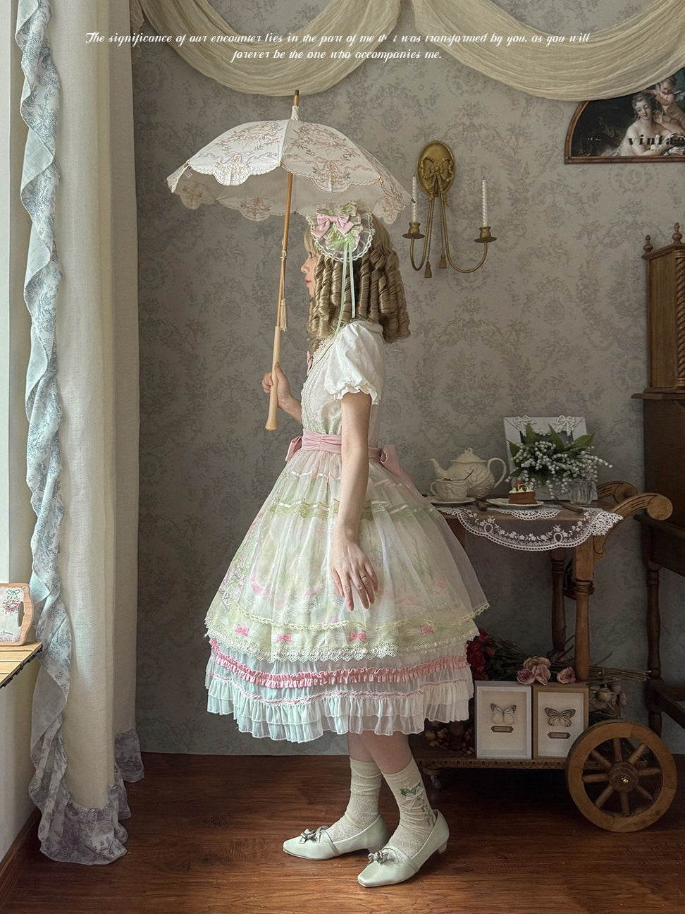Bamboo Rabbit Pink Green Bunny Floral Print Bow Classic Lolita OP Dress and Accessories - image 13