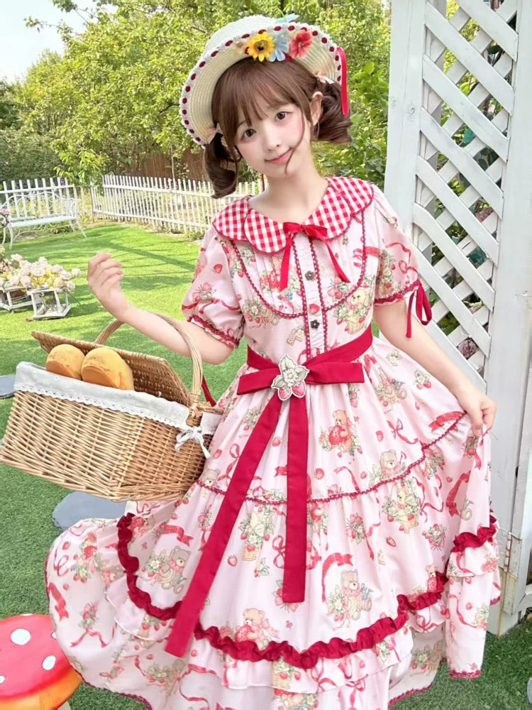 The Bear's Strawberry Field - Daily Lolita OP Dress With Petal Collar & Bear Strawberry Print and Accessories - image 10