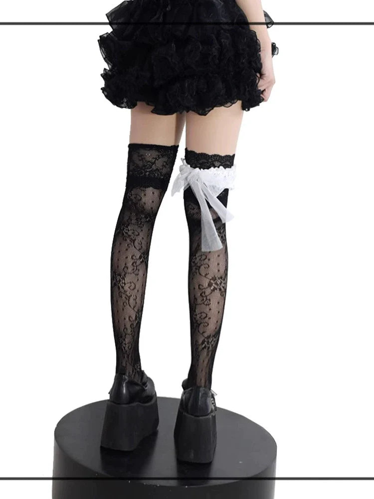 Wuxiaoliu Gothic Lolita Lace Stockings with Bow Garter - image 3