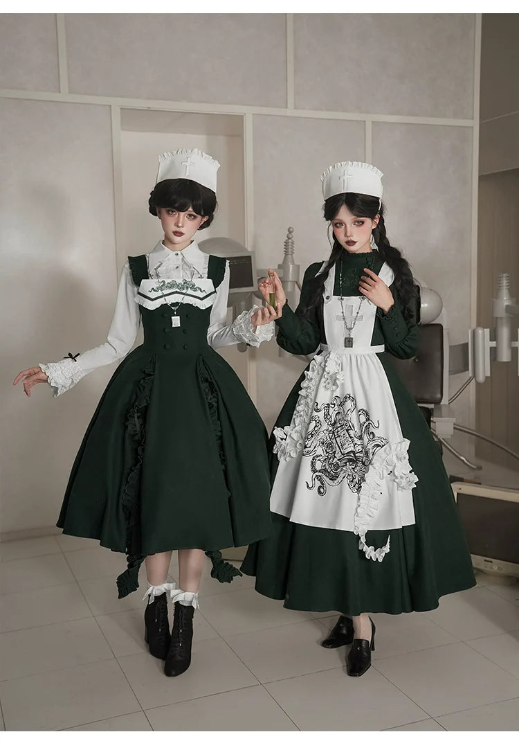 Abyss Clinic - Gothic Lolita Green Dress Set, Embroidery Accent - image 1
